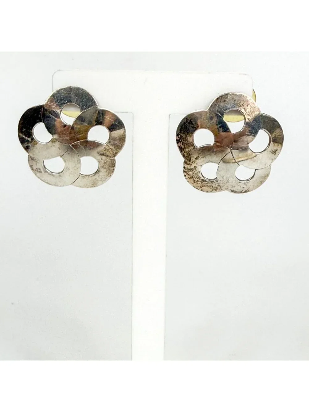 Artisan Sterling Silver Handmade Floral Cut Out Earrings Pierced Signed
